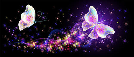 Flying delightful magical butterflies with sparkle and blazing trail flying in night sky among shiny glowing stars in cosmic space. Love and romance concept.のイラスト素材