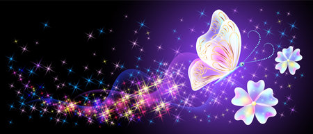 Flying delightful magical butterflies and flowers with sparkle and blazing trail flying in night sky among shiny glowing stars in cosmic space. Love and romance concept.のイラスト素材