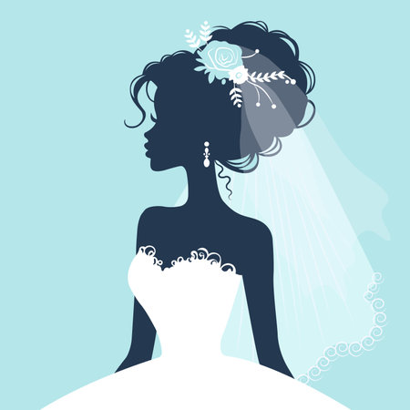 silhouette of a beautiful bride in a wedding dress with veilのイラスト素材