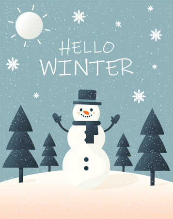 Hello winter postcard design with snowmanのイラスト素材