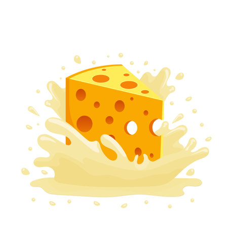 cheese with holes in the creamy splash isolated on white background flat designのイラスト素材