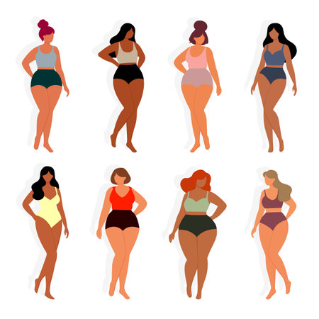plus size faceless girls set in swimsuits flat illustrationのイラスト素材
