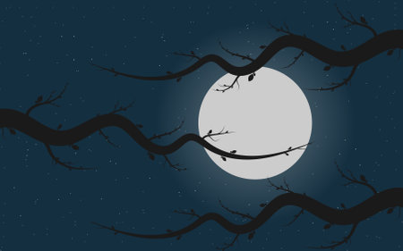 Halloween background with full moon and tree branches. Vector illustration.のイラスト素材