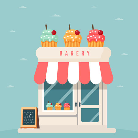 bakery shop in flat style with cupcakes isolated vector illustrationのイラスト素材