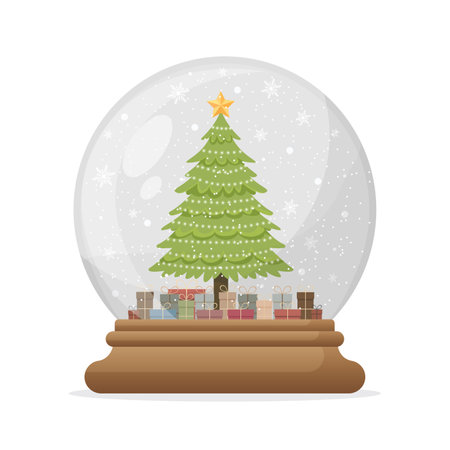 Christmas glass snow globe with Christmas tree and presents flat illustration isolated on white backgroundのイラスト素材