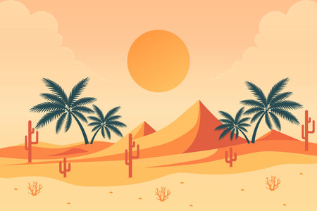 flat minimalistic illustration of desert with palms and cloudsのイラスト素材