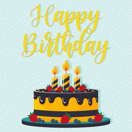 Birthday card with birthday cake and candles flat illustration