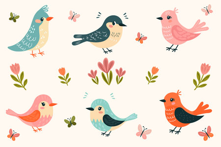 spring set birds flowers and butterflies hand drawn flat vector illustrationのイラスト素材