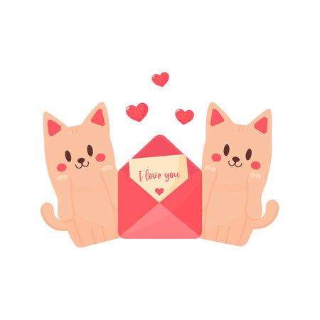 valentine day cute sticker with cats and love letter flat design isolated on white backgroundのイラスト素材