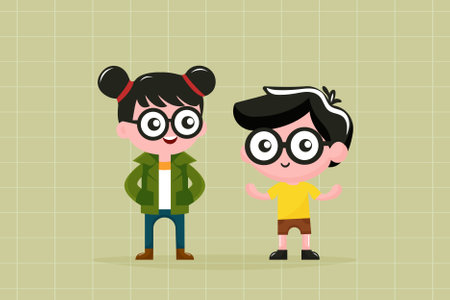 cartoon boy and girl characters with big glasses flat vector illustrationのイラスト素材