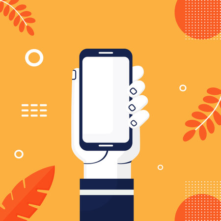 hand with phone on yellow background flat vector illustrationのイラスト素材