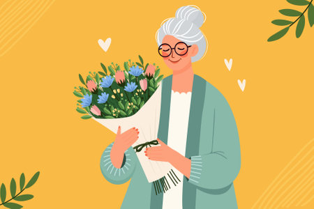 flat illustration of an elderly woman holding a bouquet of flowers in her hands on yellow backgroundのイラスト素材