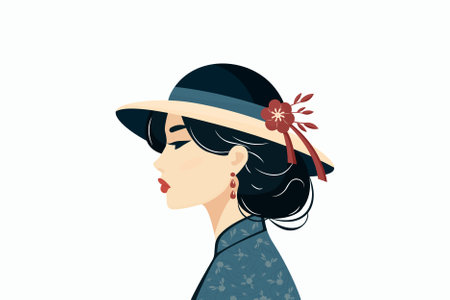 profile of a beautiful Chinese girl wearing a hat and national dress flat illustrationのイラスト素材
