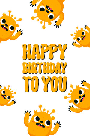 Happy birthday postcard with cartoon monster flat vector illustrationのイラスト素材