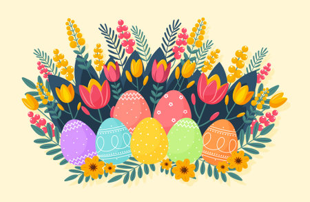 Easter composition with Easter Eggs and spring flowers flat vector illustrationのイラスト素材
