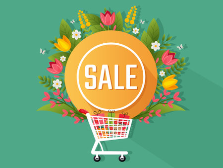 Spring Sale sign with flowers and shopping cart flat vector illustrationのイラスト素材
