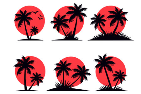 Silhouettes of palm trees against a red sun isolated set on a white background flat vector illustrationのイラスト素材
