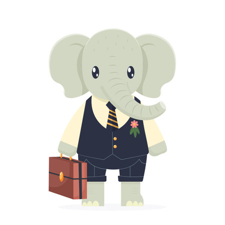 cute elephant in a suit holding a suitcase flat vector illustration isolated on white backgroundのイラスト素材