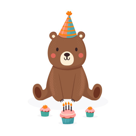 Birthday bear with cupcakes flat vector illustration isolated on white backgroundのイラスト素材