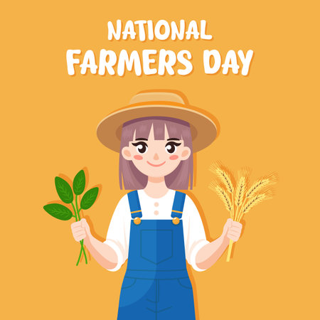 National Farmers day card with cute farmer girl flat vector illustrationのイラスト素材