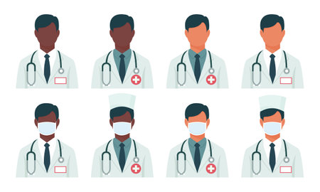 Set of male doctors in medical masks. Flat style vector illustration.のイラスト素材