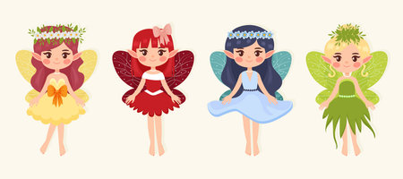 set of small cute forest fairies isolated on a white background flat vector illustrationのイラスト素材