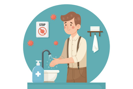 Hygiene and Virus Protection Concept Man Washing Hands with Soap Stop Virus Sign flat vector illustrationのイラスト素材