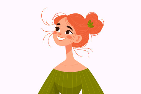 A cute red haired girl in an olive dress flat vector illustrationのイラスト素材