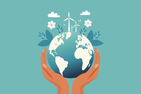 Hands holding Earth flat vector illustration in blue colorsのイラスト素材