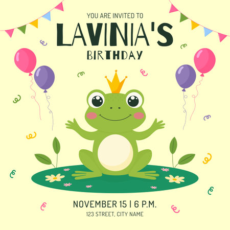 Birthday Party Invitation Card with a Cute Frog Flat Vector Illustration.のイラスト素材