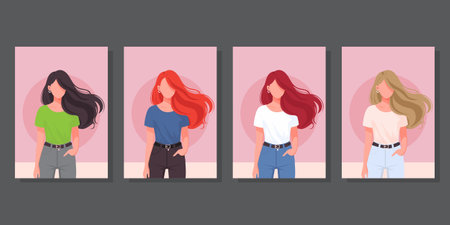 faceless girl set flat vector illustration.のイラスト素材