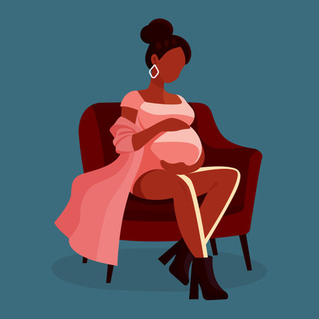flat vector illustration of faceless pregnant girl sitting in chair.のイラスト素材