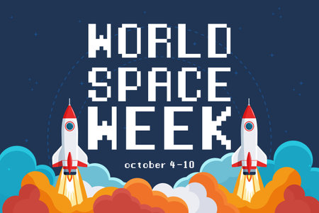 World Space Week flat vector illustration featuring a space shuttle and cosmic elements.のイラスト素材