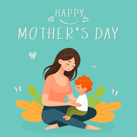happy mothers day flat vector illustration with mom and child hugging.のイラスト素材