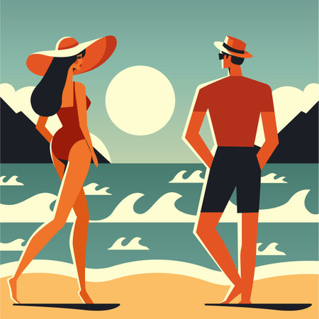 Couple on the beach in summer mid century modern flat vector illustration.のイラスト素材