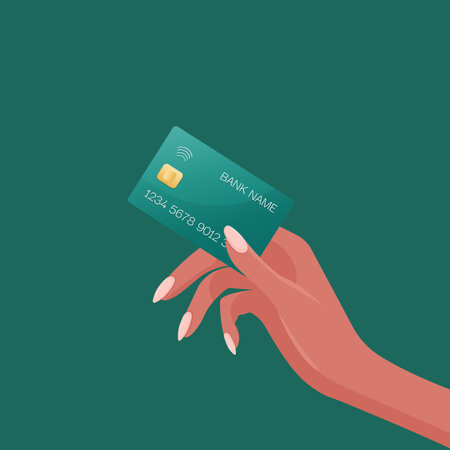 womans hand holding credit card flat vector illustration on dark green background.のイラスト素材
