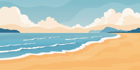 summer beach landscape flat vector illustration with ocean sand and clouds in minimal style.のイラスト素材
