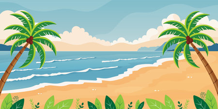summer tropical beach flat vector illustration with palm trees and tropical leaves.のイラスト素材