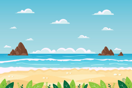 summer tropical beach landscape with ocean and clouds vector illustration.のイラスト素材