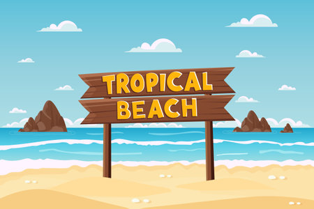 summer beach landscape with tropical wooden sign flat vector illustration.のイラスト素材