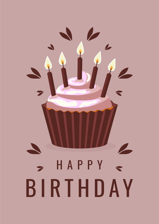 minimalistic birthday card with cupcake and candles flat vector illustration.のイラスト素材