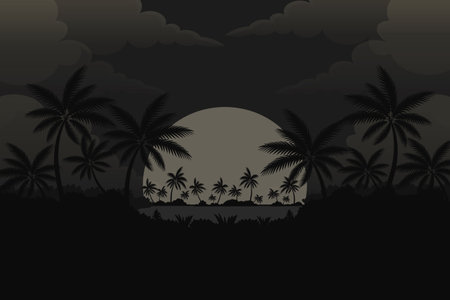 tropical landscape with palm silhouettes moon and clouds in dark colors vector illustration.のイラスト素材