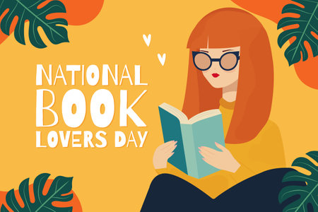 National Book Lovers Day poster with girl reading a book flat vector illustration.のイラスト素材