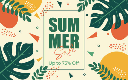 Summer sale abstract banner with tropical leaves flat vector illustration.のイラスト素材