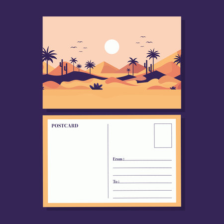 postcard with desert landscape in flat vector illustration style.のイラスト素材