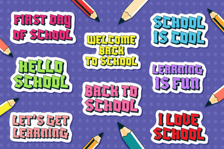 Set of Back to School Typography Stickers Flat Vector.
