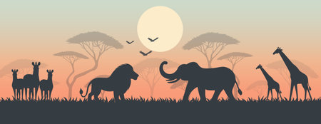 Savannah Animals Silhouettes with Trees and Sunset Flat Illustration.のイラスト素材