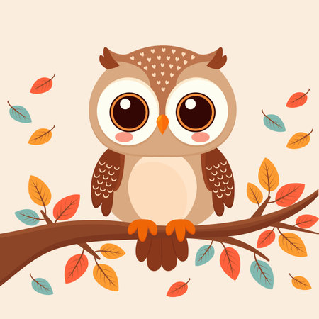 Flat Style Owl with Fall Leaves Vector Illustration.のイラスト素材