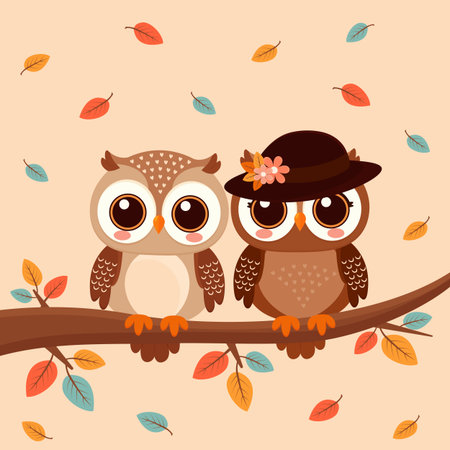 Cute Owl Couple Sitting on Branch with Autumn Leaves Vector Illustration.のイラスト素材