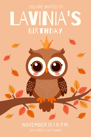 Owl Birthday Invitation Card Vector Illustration.のイラスト素材